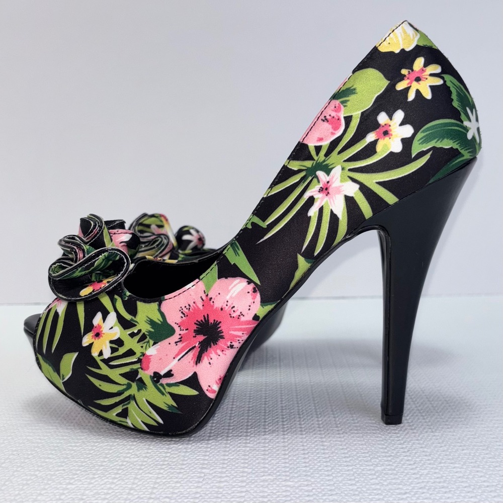 Floral Heels‎ Pin Up Couture Peep Toe Ruffle Stiletto Tropical Women's Size 10